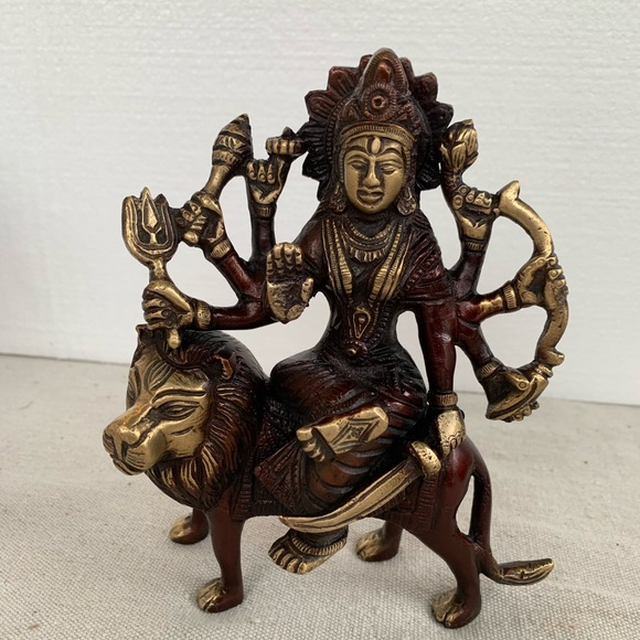 Durga & Lion Brass Statue Figurine with Antique Bronze Gold Finish - Picture 6 of 12